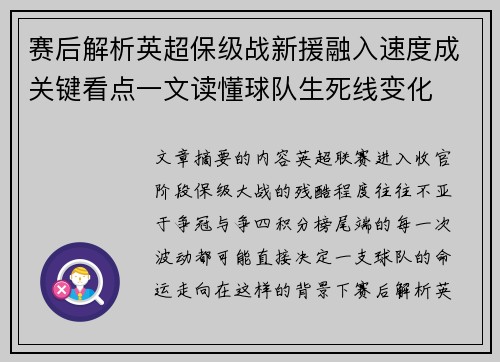 赛后解析英超保级战新援融入速度成关键看点一文读懂球队生死线变化 赛后解析英超保级战新援融入速度成关键看点一文读懂球队生死线变化