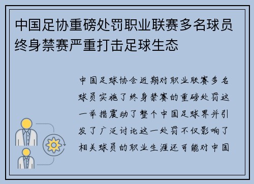中国足协重磅处罚职业联赛多名球员终身禁赛严重打击足球生态